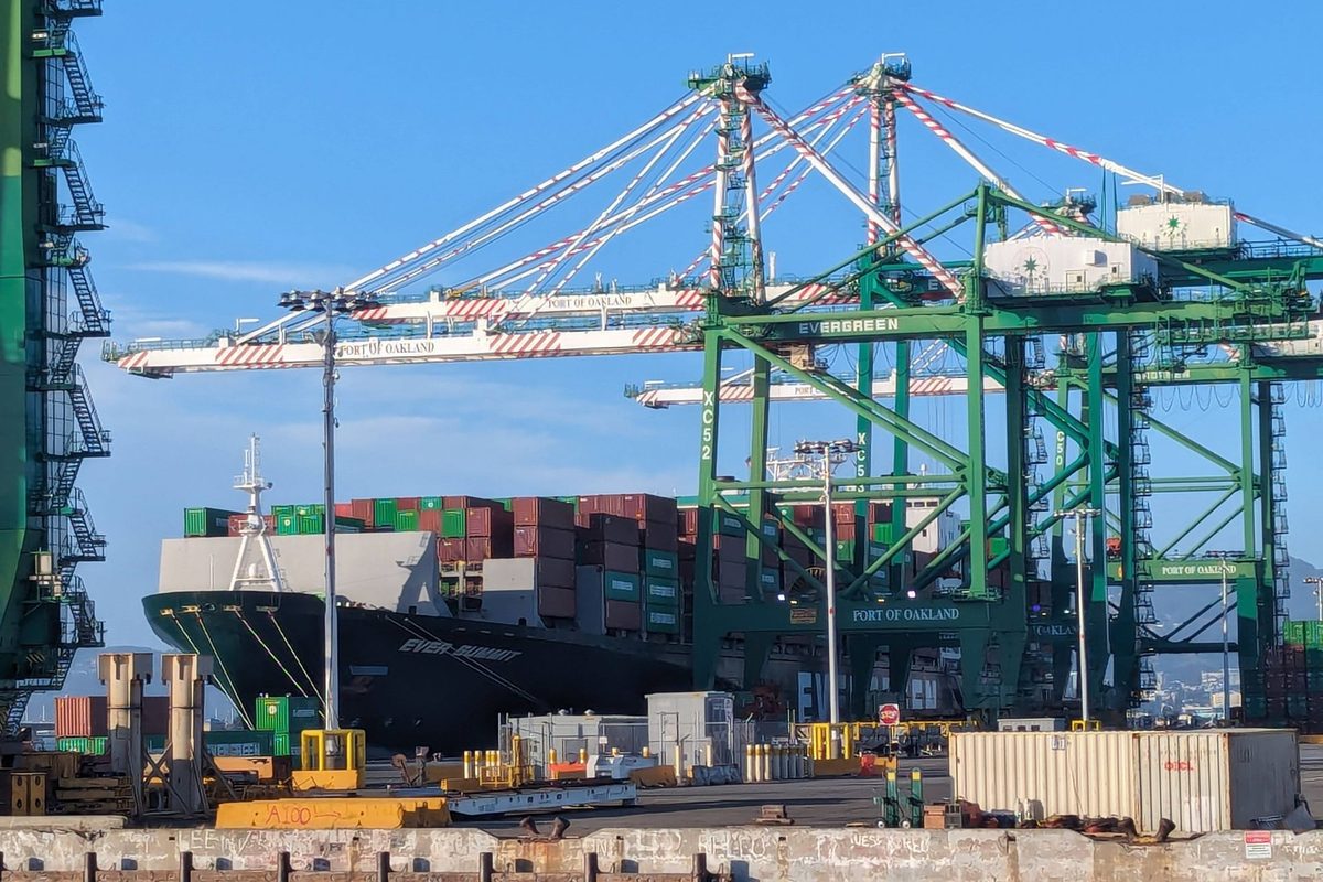 A container ship docked at the Port of Oakland